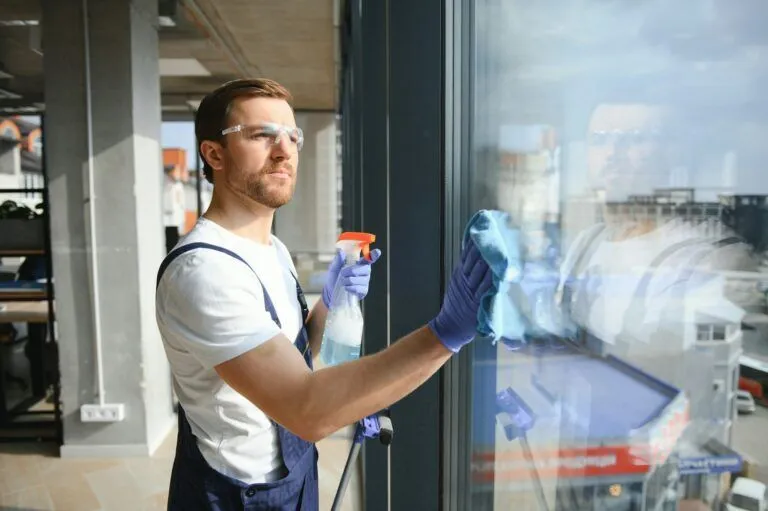 An employee of a professional cleaning service washes the glass of the windows of the building.